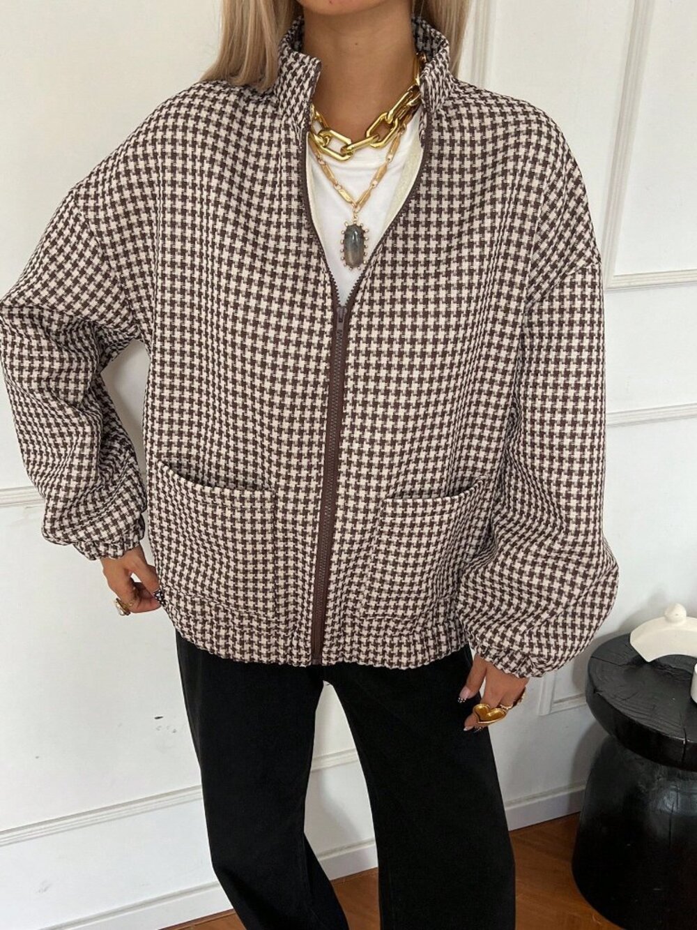 Brown Casual Women's Loose Fit Houndstooth Jacket - Picture 6 of 8